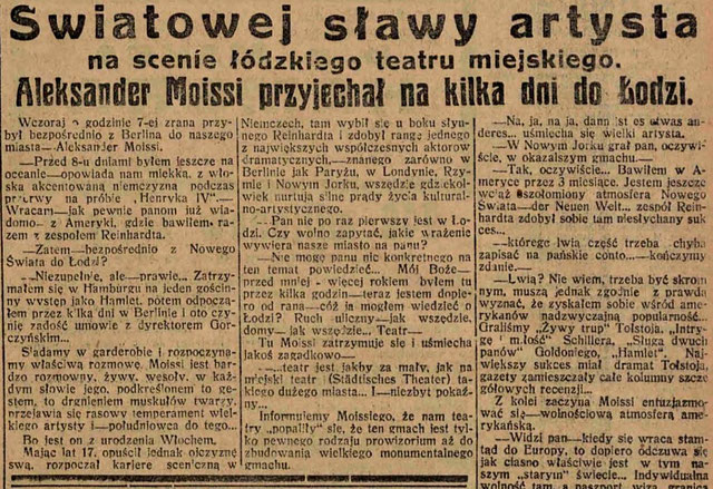 Ilustrowana Republika (1928) / “Diferenca midis Botës së Re dhe asaj të Vjetër…”-Intervista ekskluzive me Aleksandër Moisiun në Lodz (Poloni)