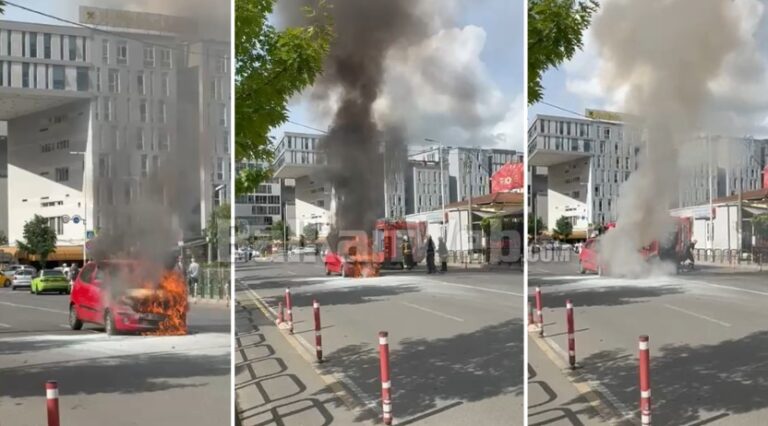 Shpërthen në flakë automjeti te Komuna e Parisit, pamje nga vendngjarja