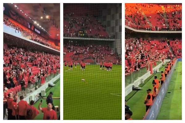 Atmosferë elektrizuese në stadium! Tifozët ia marrin këngës, nuk mungojnë as ofendimet ndaj Serbisë (VIDEO)