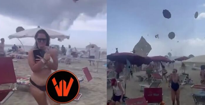 Çmendet moti në Itali! Një tornado e fuqishme, e papritur, pushton plazhin. Çadra dhe shezlongje në ajër…
