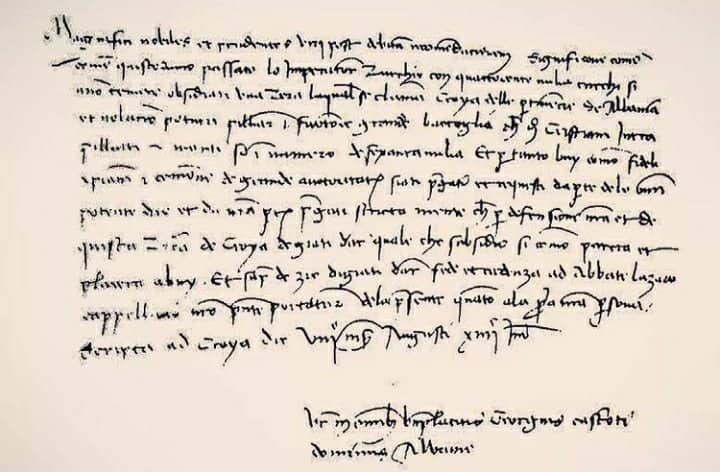 Letra e Skënderbeut drejtuar Senatit të Republikës së Sienës për fitoren shqiptare të arritur gjatë Rrethimit të parë të Krujës