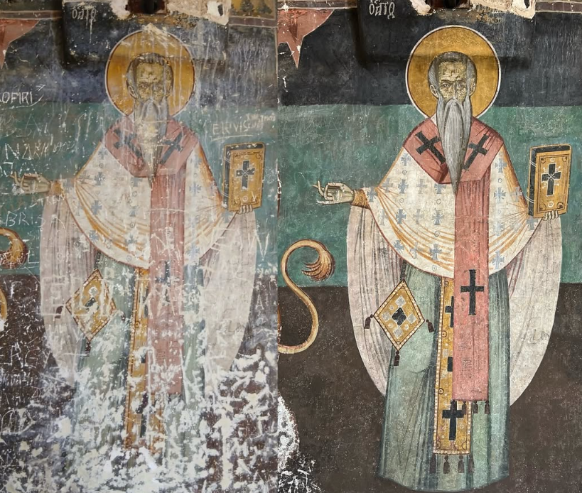 Ndërhyrja konservuese risjell ngjyrat dhe detajet në afresket e “Shën Kollit” të Voskopojës