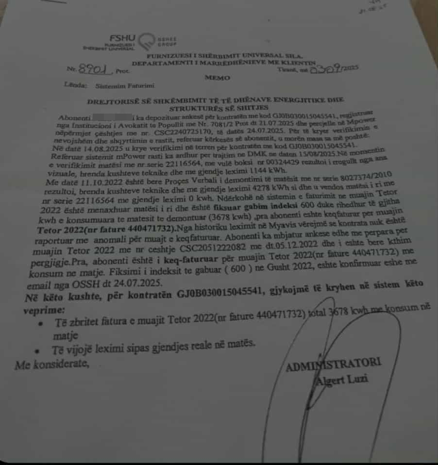 I kishin faturuar 420 mijë lekë në 1 muaj, OSHEE tërhiqet dhe pranon gabimin pas publikimit të ankesës në Saranda Web