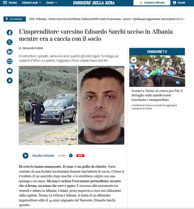 Mediat italiane pasqyrojnë lajmin e vrasjes së biznesmenit Edoardo Sarchi: Vrasje aksidentale apo ekzekutim i mirëorganizuar (VIDEO)