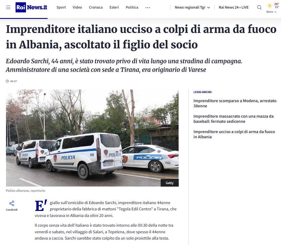 “Vrasje aksidentale apo ekzekutim i mirëorganizuar”, mediat italiane pasqyrojnë lajmin e vrasjes së biznesmenit Edoardo Sarchi në Tepelenë