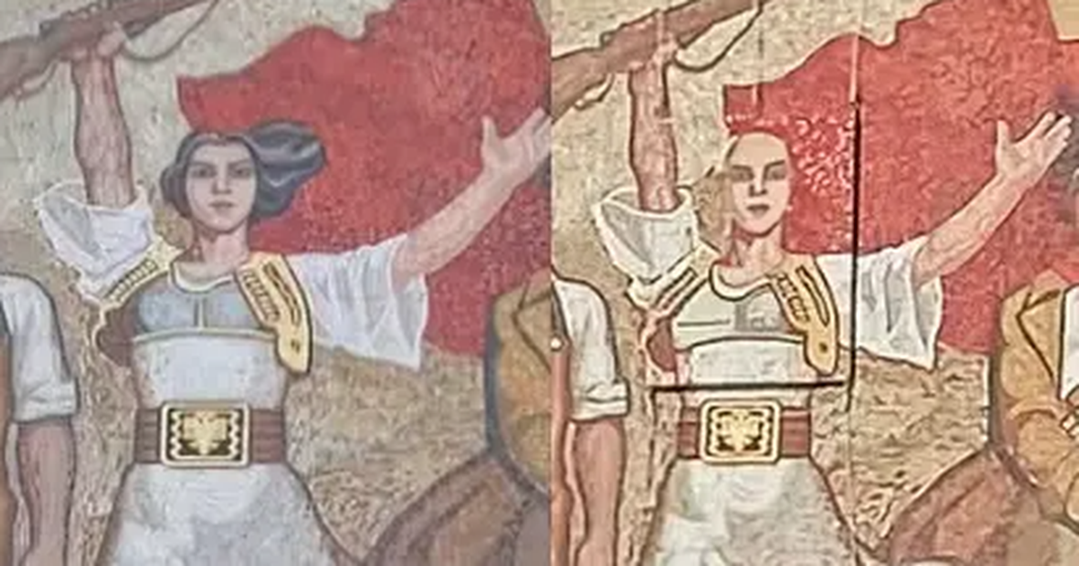 “Dielli i Ditës Tjetër” nxit reagime…Me kokën e “qethur”, pse “u transformua” vajza me pushkë e mozaikut në Tiranë?