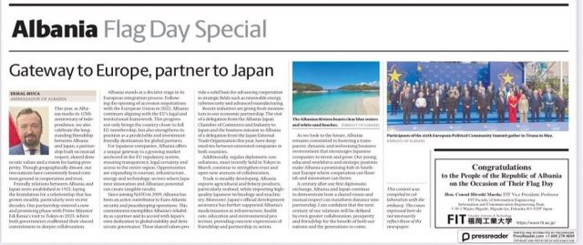 FOTO-LAJM/ Shkruhet historia, “The Japan Times” artikull për Shqipërinë në Ditën e Flamurit