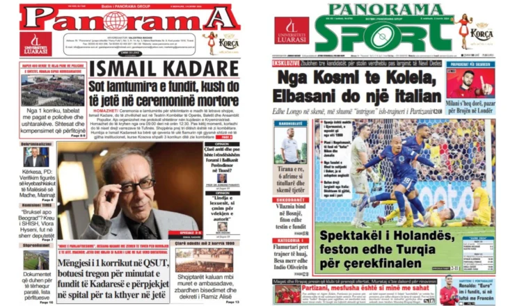 Lexoni faqen e parë të gazetës “Panorama”, “Panorama Sport” dhe “Gazeta Shqiptare”