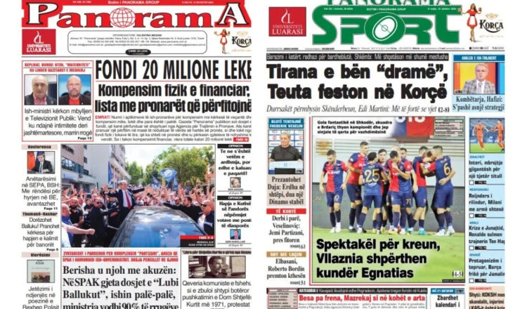 Lexoni faqen e parë të gazetës “Panorama” dhe “Panorama Sport”