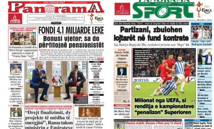 Lexoni faqen e parë të gazetës “Panorama” dhe “Panorama Sport”