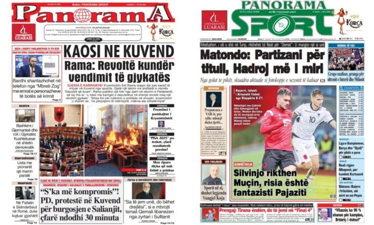 Lexoni faqen e parë të gazetës “Panorama” dhe “Panorama Sport”