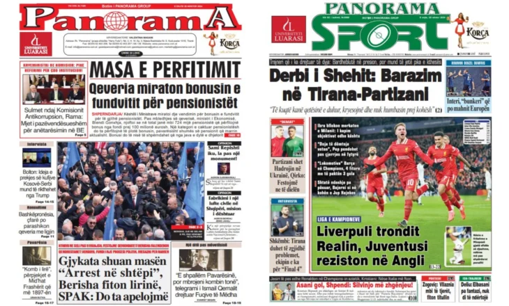 Lexoni faqen e parë të gazetës “Panorama” dhe “Panorama Sport”