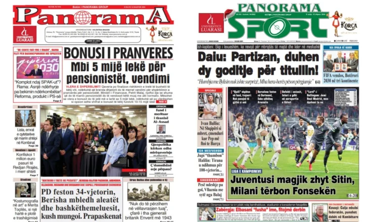 Lexoni faqen e parë të gazetës “Panorama” dhe “Panorama Sport”