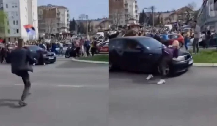 Beograd/ Makina futet mes turmës dhe merr zvarrë një protestues (VIDEO)