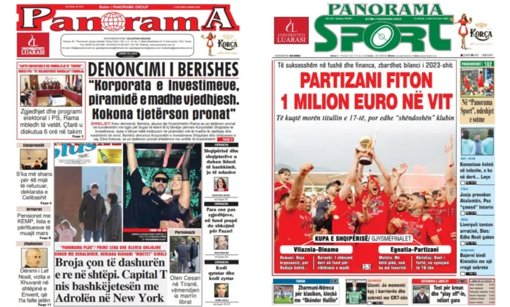 Lexoni faqen e parë të gazetës “Panorama” dhe “Panorama Sport”