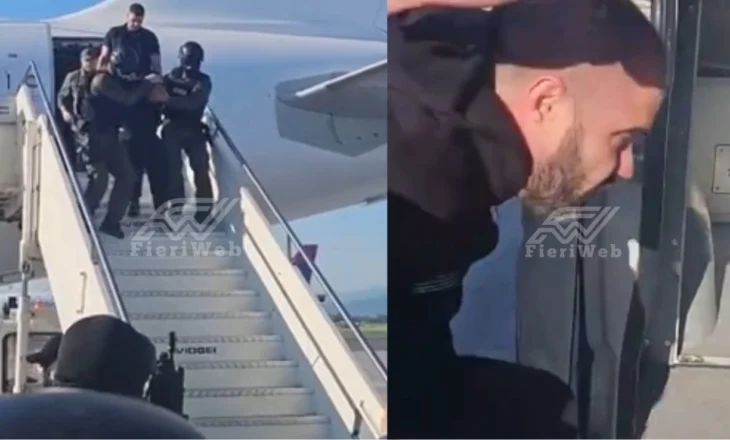 Me pranga në duar dhe kokën ulur, momenti kur Florenc Çapja mbërrin në Rinas. Efektivët e RENEA-s e mbajnë për krahu