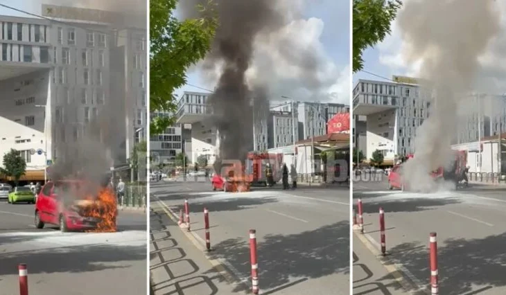 Shpërthen në flakë automjeti te Komuna e Parisit, pamje nga vendngjarja