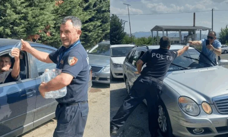 FOTO/ Radhë të gjatë për të parë ndeshjen, policia në bashkëpunim me ambasadën shqiptare në Shkup shpërndajnë ujë