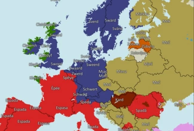 Harta që tregon emertimin e ‘Shpatës’ në të gjitha gjuhët europiane
