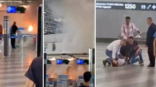 Momente paniku në aeroportin e Malpensës, një person shkatërron monitorët me çekiç dhe sulmon stafin, i vë zjarrin koshave të mbeturinave