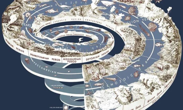 Paraqitja grafike e spirales krolonologjike të zhvillimit të jetës në tokë ç’prej 4.5 bilion vjet më parë deri në 2 milion-11.500 vjet më parë