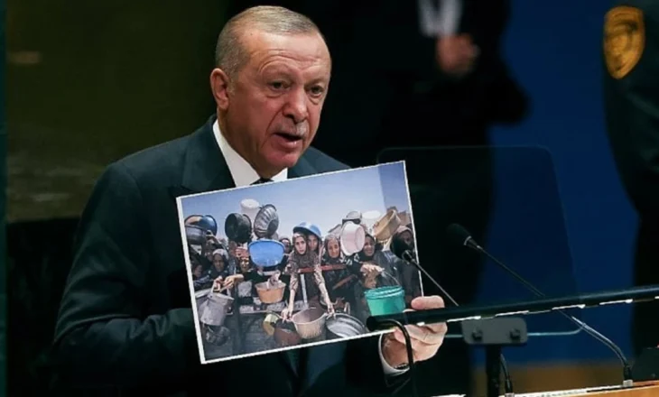Erdoğan në OKB me foto nga Gaza: “Ky brutalitet në 2025 është turp për botën”
