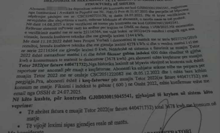 I kishin faturuar 420 mijë lekë në 1 muaj, OSHEE tërhiqet dhe pranon gabimin pas publikimit të ankesës në Saranda Web