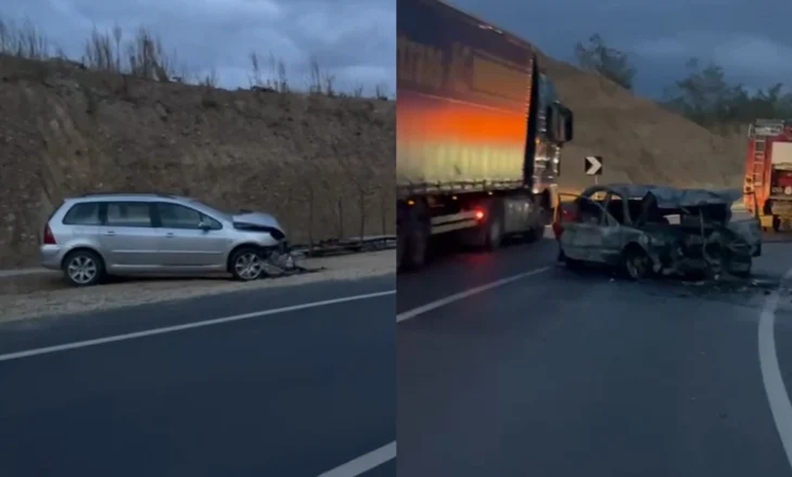 Aksident në Qafë Plloçë/ Makinat përplasen “kokë më kokë”, “Benz”-i shpërthen në flakë