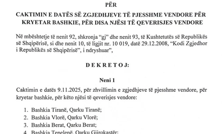 Begaj firmos dekretin, zgjedhjet e pjesshme në 6 bashki më 9 nëntor