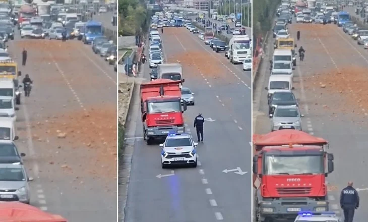 Kaos në autostradën Tiranë-Durrës, çakulli i rënë nga një kamion krijon radhë të gjata automjetesh