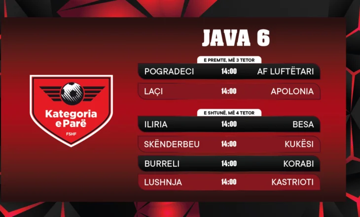 Kategoria e Parë, ky është programi për javën e gjashtë! Luhet të premten dhe të shtunën