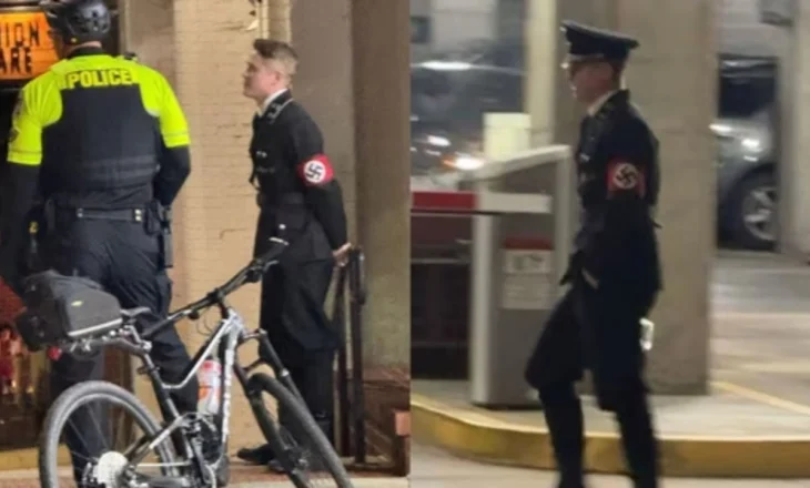 Video/ I veshur me kostumin nazist për festën e Halloween-it, i riu godet me gotë në fytyrë një grua që tentoi t’i hiqte shiritin nga krahu