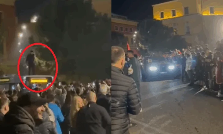 VIDEO/ Pamje epike! Një tifoz hipën mbi urbanin e Tiranës së Re, shihni ç’po ndodh në Tiranë pas fitores me Serbinë