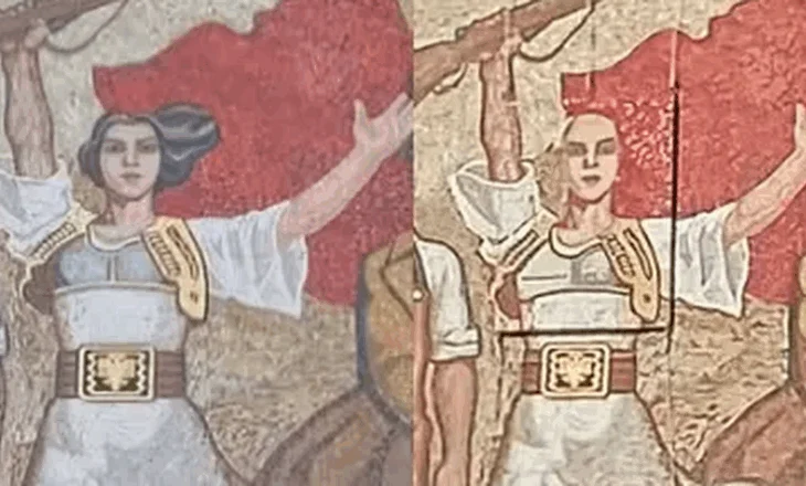 “Dielli i Ditës Tjetër” nxit reagime…Me kokën e “qethur”, pse “u transformua” vajza me pushkë e mozaikut në Tiranë?