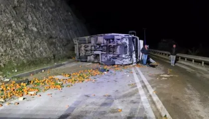 Aksident në Levan-Tepelenë, kamioni përmbyset në anë të rrugës