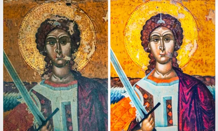 Nga dëmtimi në restaurim, pas një pune restauruese disa mujore ikona “Shën Mëhilli”  fundi i shek. XVI ekspozim…