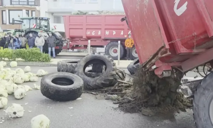 Protesta e fermerëve francez/ Protestuesit hedhin lakra, goma dhe lanë një arkivol jashtë shtëpisë së Macronit