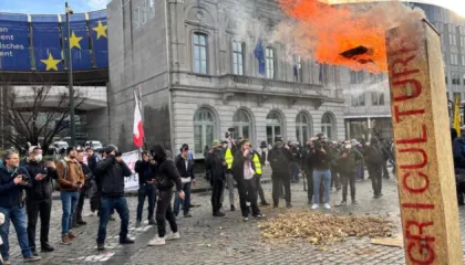 Protesta e fermerëve në Bruksel/ Kaos para ndërtesës së Parlamentit Europian, protestuesit ndezin zjarre dhe sulmojnë forcat policore me sende