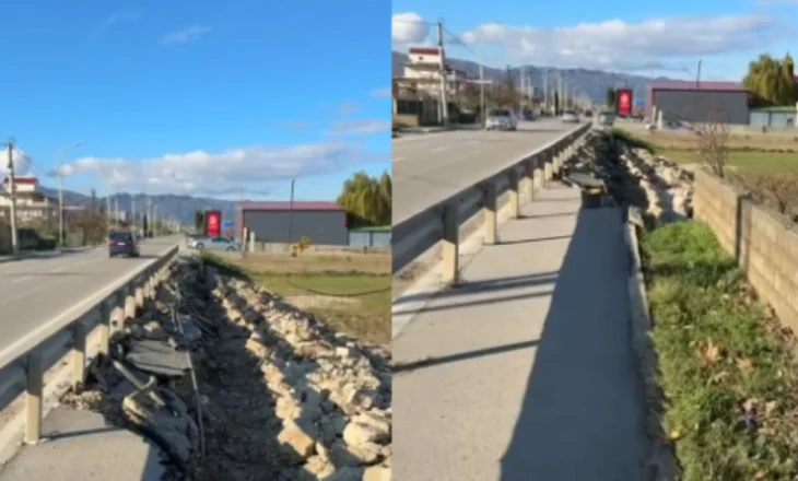 Shembet një pjesë e trotuarit në aksin Pogradec-Qafë Plloçë, dëmtohen rrjetet nëntokësore, rrezikohet jeta e këmbësorëve