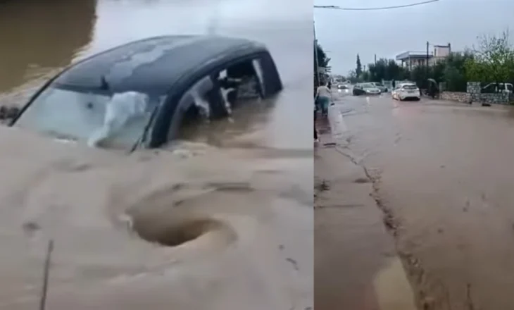 Stuhia “Byron” shkakton përmbytje në Greqi! Rryma tërheq makinën, momenti kur shpëtohet familja nga mbytja (Video)