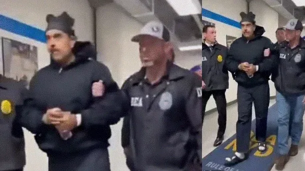 Del video e Maduros i arrestuar, me shapka dhe një shishe ujë brenda zyrave të DEA-s në Nju Jork