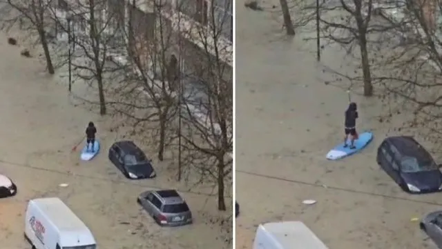 Durrësi nën ujë, i riu “bën sërf” në rrugët e qytetit