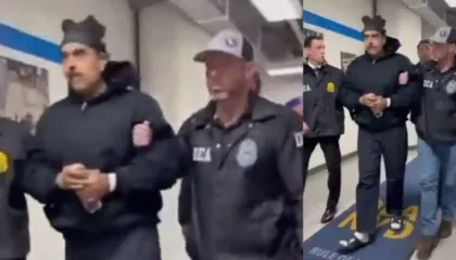 Me shapka dhe shishe uji në dorë, momenti kur Maduro mbërrin në zyrat e DEA në Nju Jork (VIDEO)