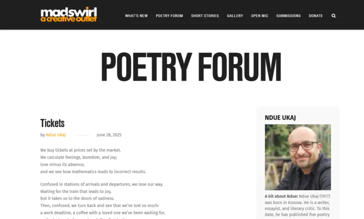 Revista “Mad Swirl” nominon poezinë e Ndue Ukajt për Çmimin Pushcart