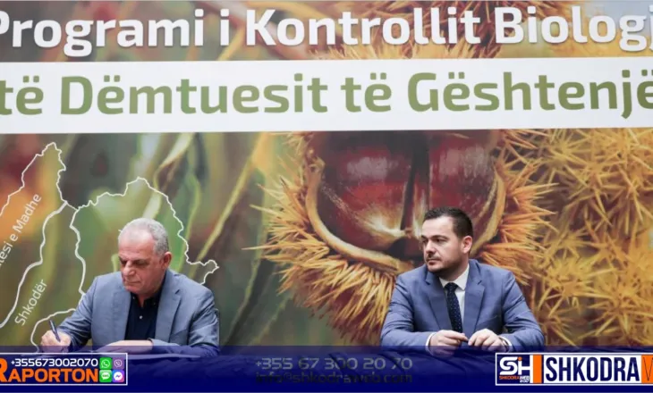 FOTO – Programi i kontrollit biologjik të dëmtuesit të gështenjës, nënshkruhet marrëveshja me ministrin Salla