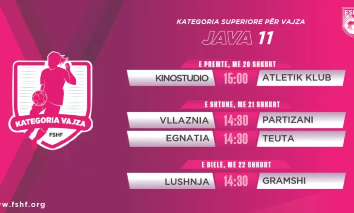 Kampionati i femrave: Ky është kalendari i javës së 11-të, i ndarë në tri ditë