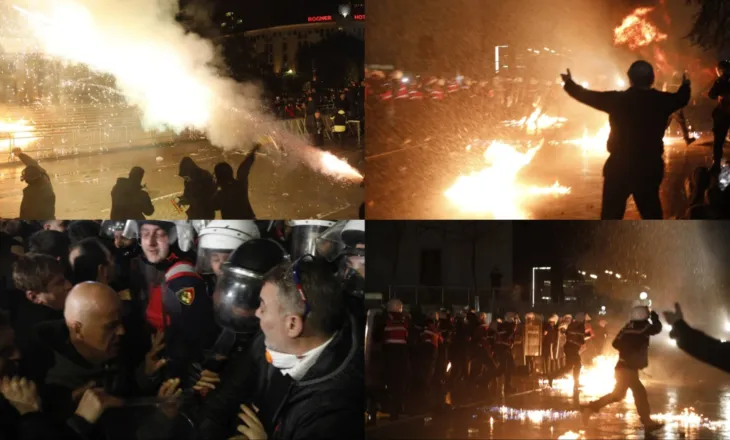 Katër orë protestë para Kryeministrisë dhe Kuvendit/ Hidhen dhjetëra molotovë, policia kundërpërgjigjet me gaz lotsjellës, 16 efektivë të plagosur, deputeti i PD përfundon te Trauma