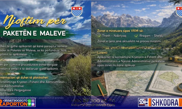 “Paketa e Maleve”, përfundon faza e shqyrtimit të aplikimeve, Bashkia Shkodër njoftim të rëndësishëm…