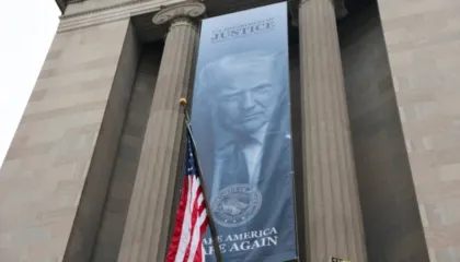 “Ta bëjmë Amerikën të sigurt përsëri”/ Banderola me foton e Trump vendoset në Departamentin e Drejtësisë në Uashington, qëllimi dyshohet të jetë…
