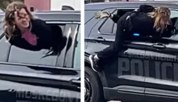 Arratisje e pabesueshme, gruaja del me sukses nga dritarja e makinës së policisë me pranga në duar (VIDEO)